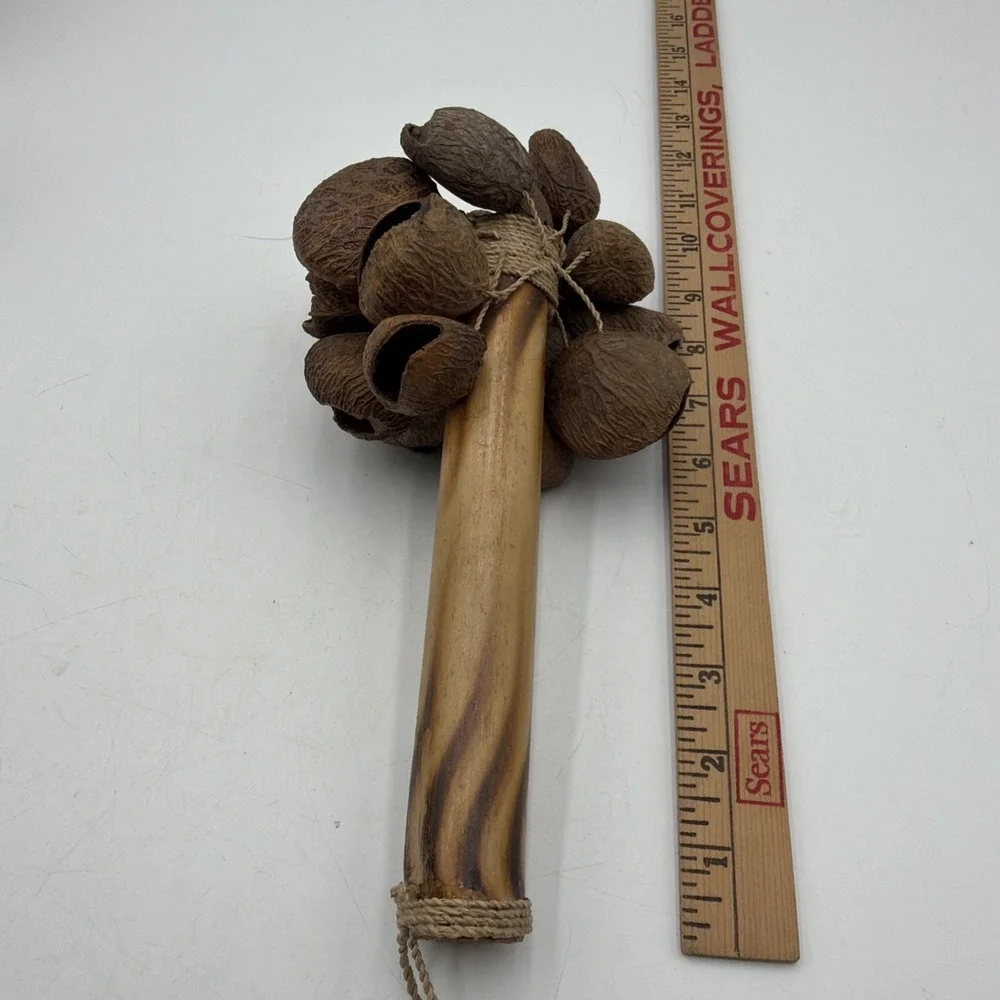 Vintage Natural Seed Pod Rattle Shaker Wooden Handle Percussion Instrument Folk